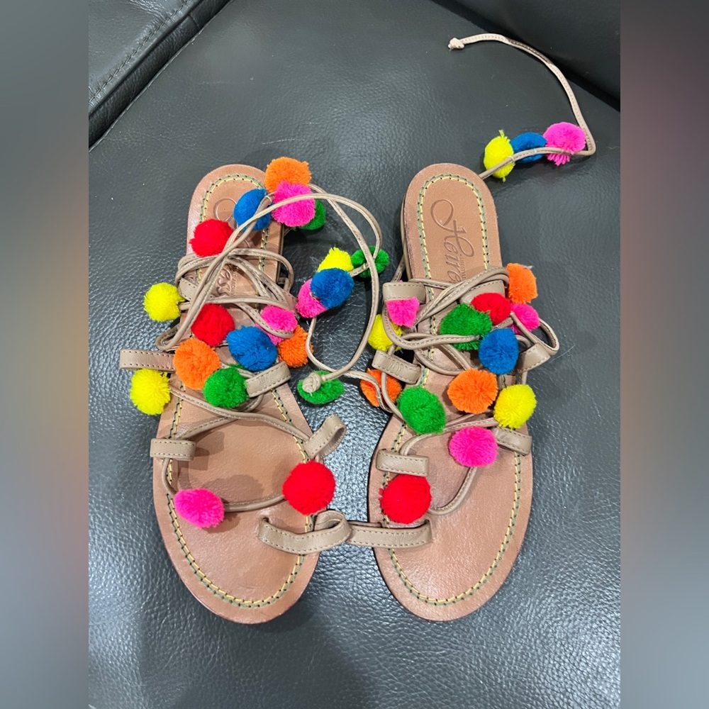 Colorful Pom Pom Sandals gladiator lace up